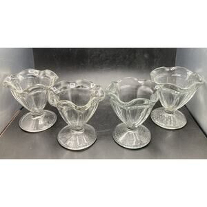 Stemmed Heavy Clear Pressed Glass Tulip Scalloped Rim Ice Cream Dishes Set of 4